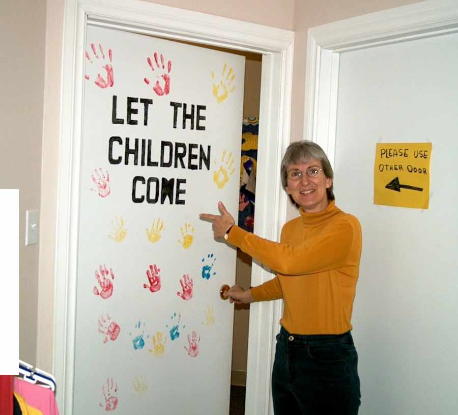 Children's area at the cowboy church door signed "let the Children Come".