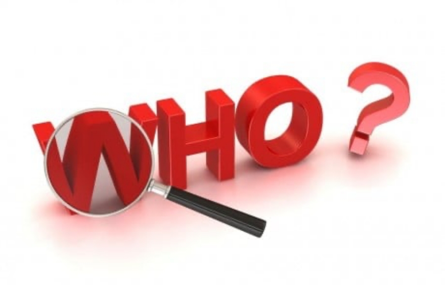 Text "WHO ?" in large red letters with a magnifying glass in front