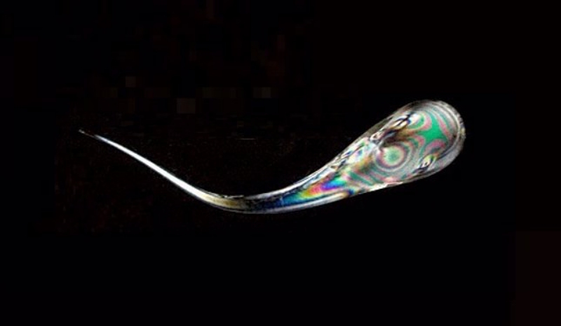 A clear glass drop with a long tail is displayed against a black background. A "Prince Rupert's Tear"