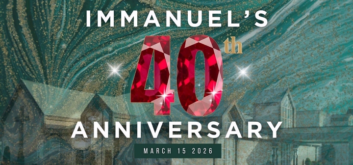 A styled image of a church with the text Immanuel's 40th Anniversary - our lccal church is celebrating
