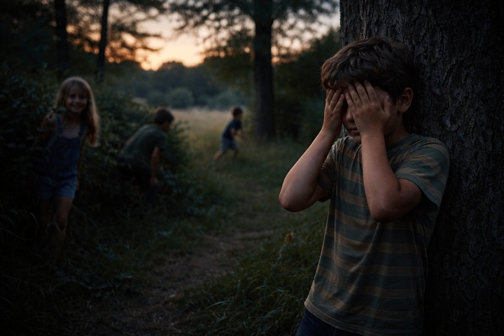 Children playing hide and seek at dusk