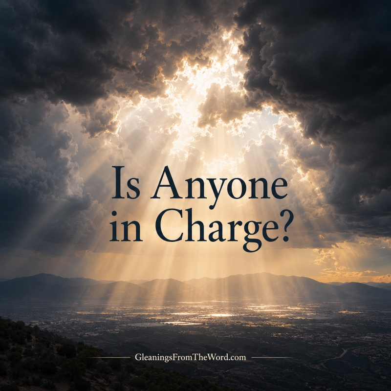 Dark storm clouds over a vally with the text "Is anyone in charge?"