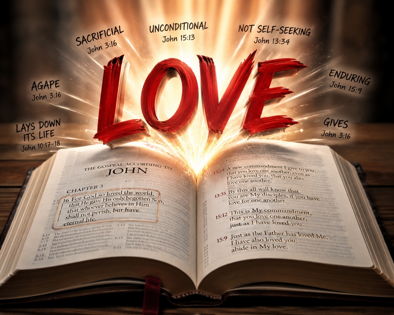 Loev jumping out of the Bible - showing John's revelation of love
