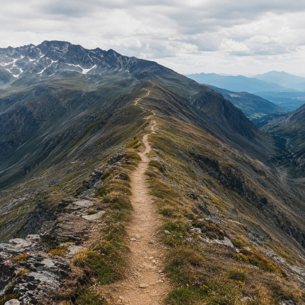a narrow trail atop a mountain stretching as far as the eye can see - the long road to holiness