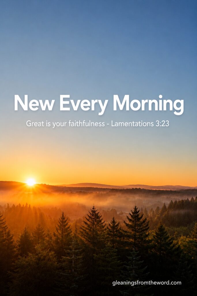 Sunrise over the forest with text of :New Every morning" and Lamentations 3:23