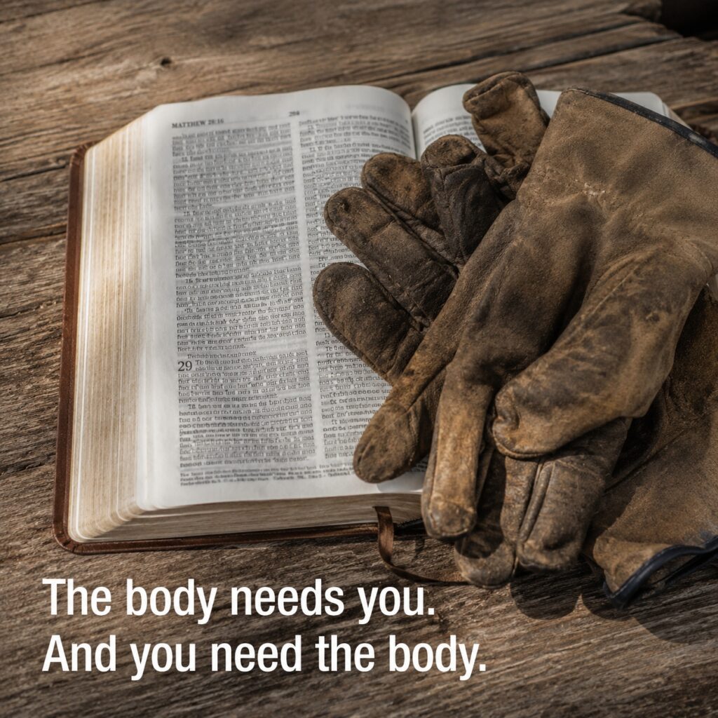 A pair of well worn wrk gloves on a bible illustrating the call to serve