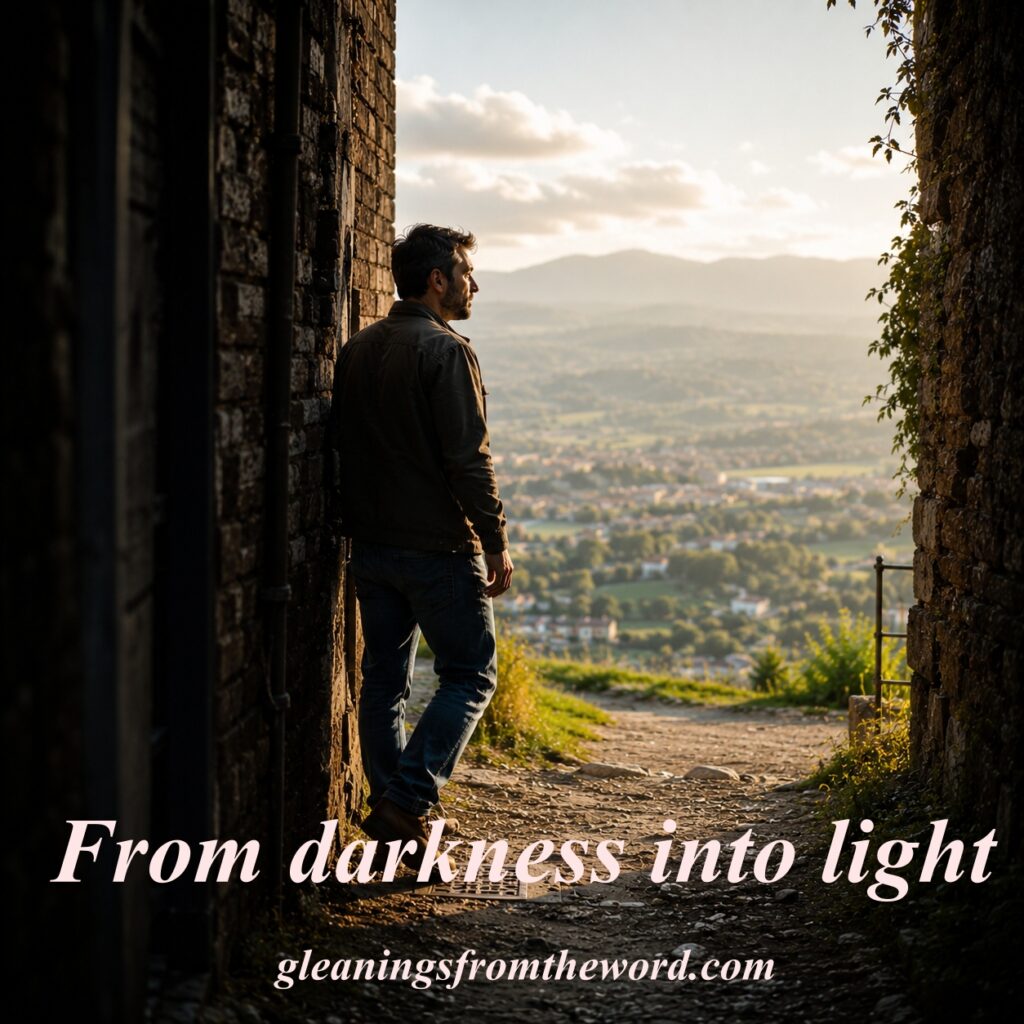 A man standing in ne shadows moving from darkness to light