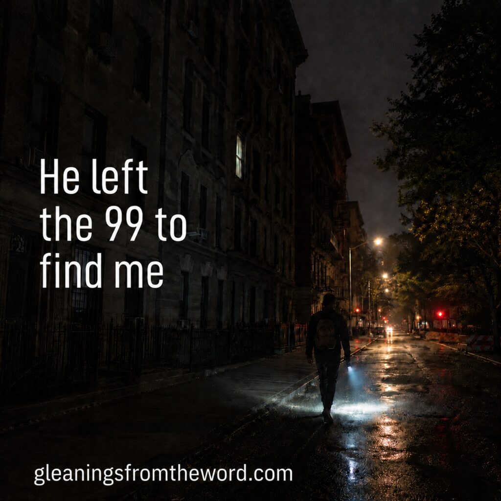 Night time urbam scene with man with flashlight - text He left the 99 to find me