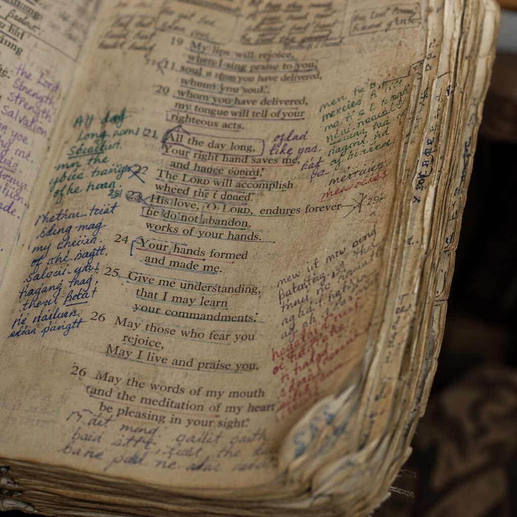 a marked up well worn bible evidence of someone having read the Word over a long period