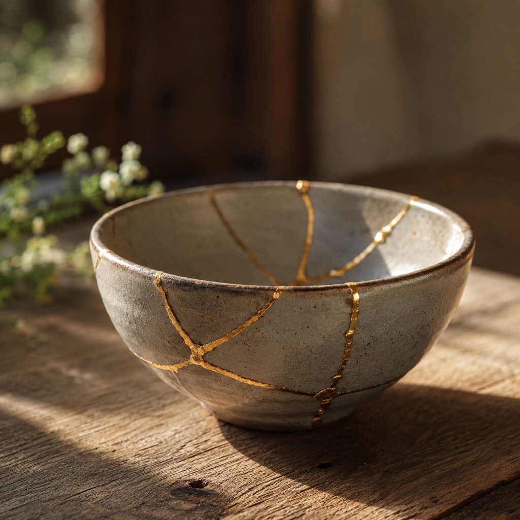 A kintsugi-style bowl, broken pottery repaired with gold seams, sitting in warm natural light. It captures redemption and restored brokenness without leaning on the shepherd-and-sheep cliché, and it visually echoes the "bought back and made whole" theme of Hosea's story
