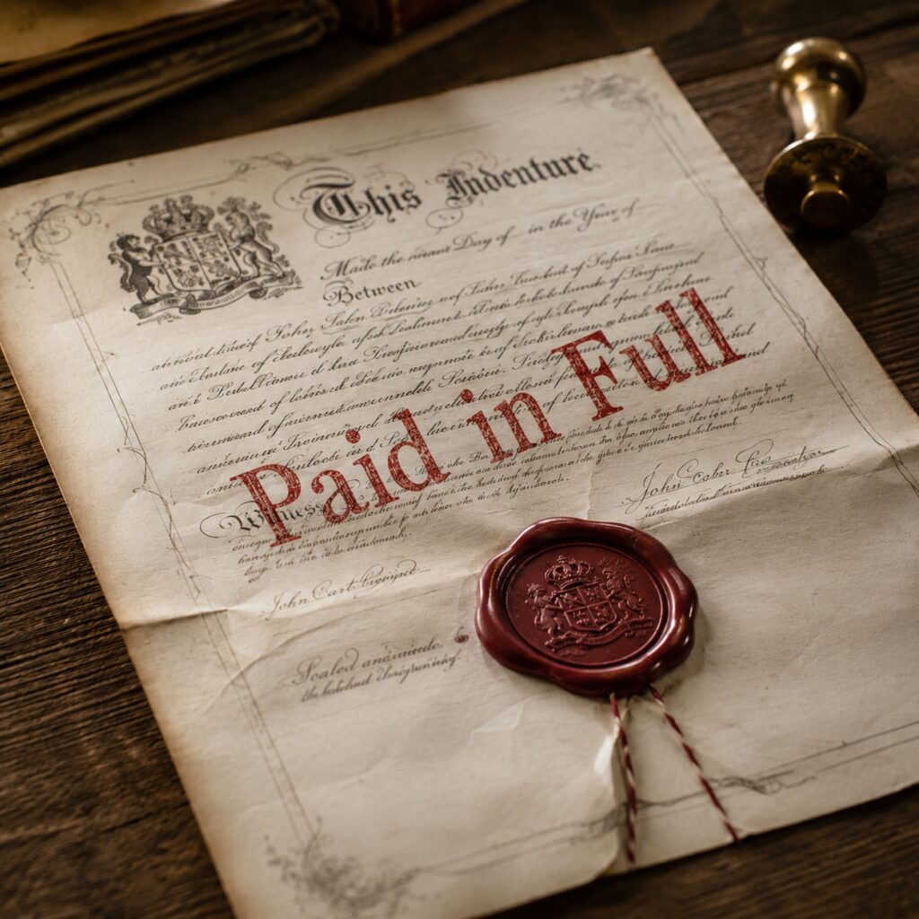 An old sealed parchment document marked paid in full reminding us that Jesus is enough