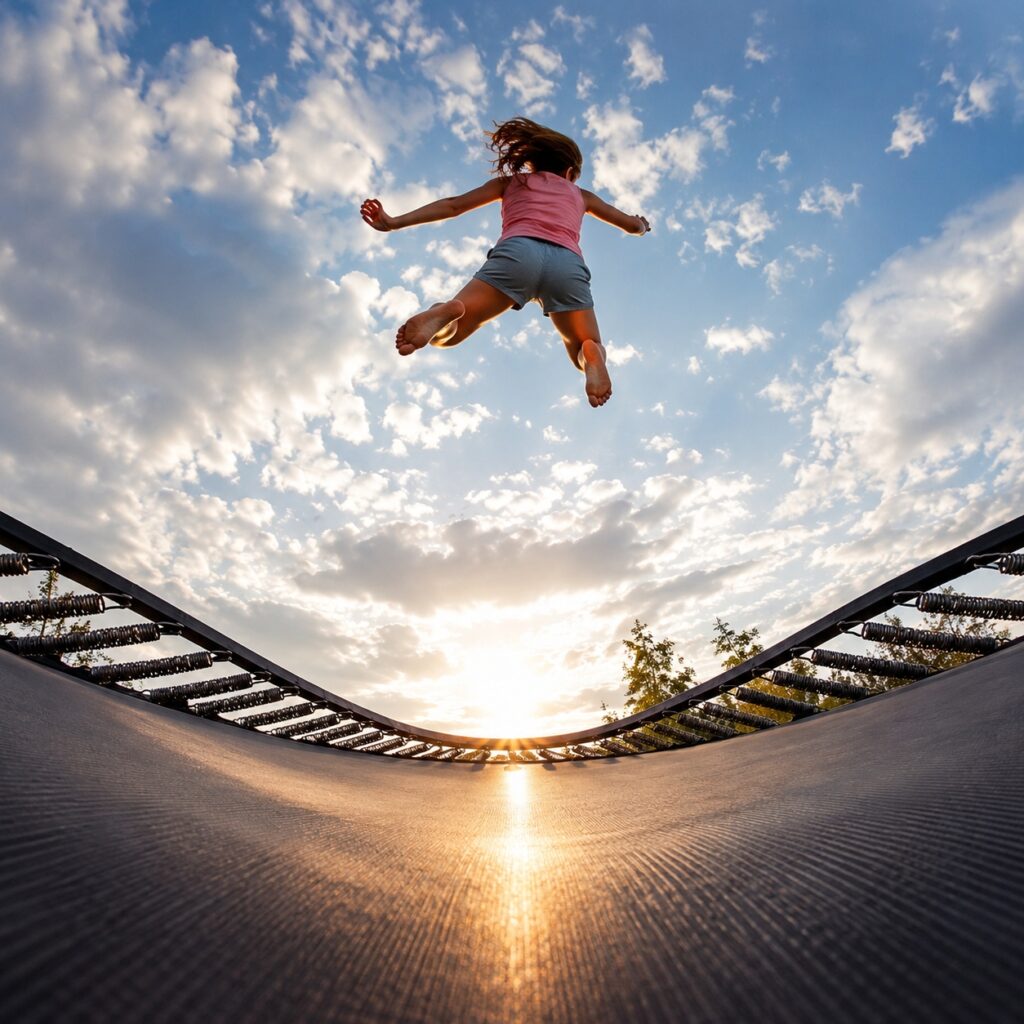 girl on a trampoline high in the air - rebound stronger