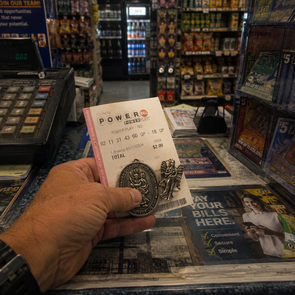 A lottery ticket in a hand with patron saint medallion and "lucky" angel"