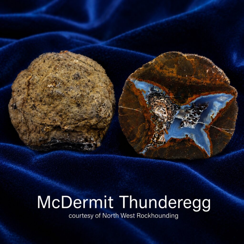 A split McDermit Thunderegg showing the rough exterior and the polished interior