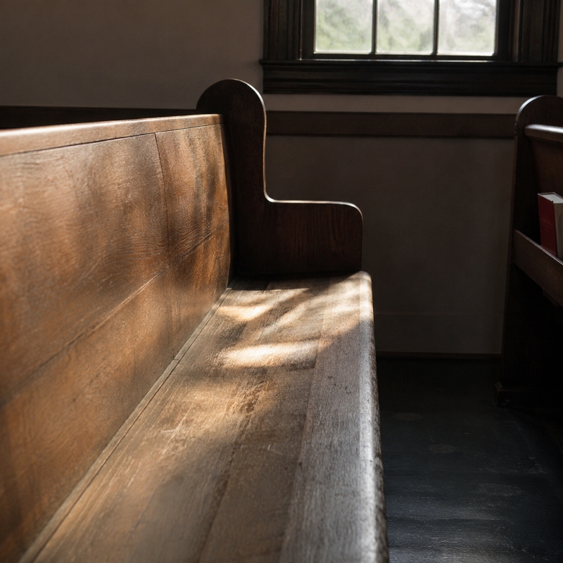 An empty church pew with sunlight streaming on it reenforcing the theme of proximity, closeness