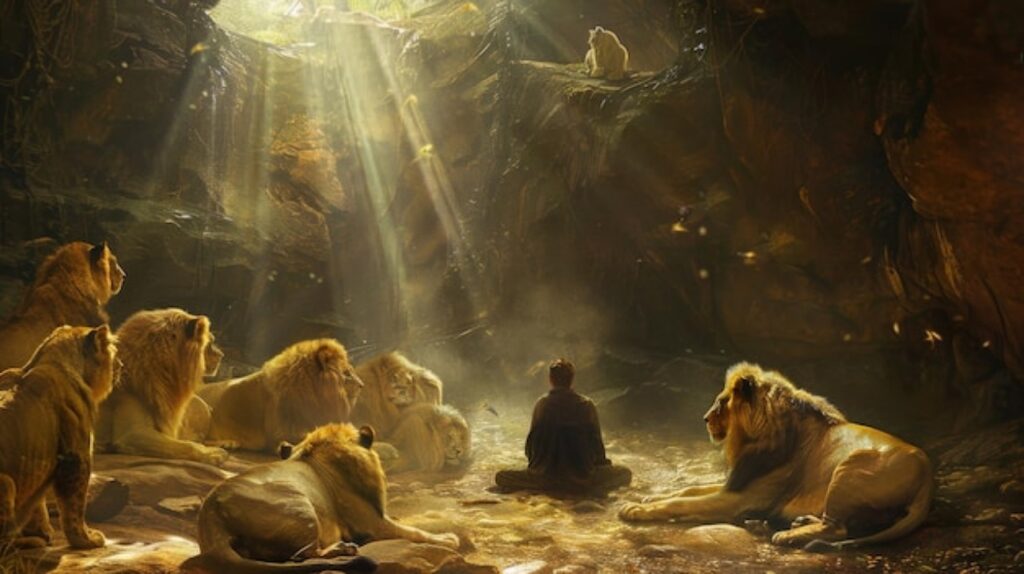 Daniel and the lions - A man in a dark robe sits cross-legged on the stone floor of a cave, his back to the viewer, surrounded by resting lions as beams of sunlight stream down from an opening above.