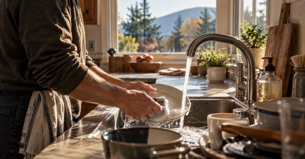 Hands washing a white plate with a soapy sponge at a sunlit kitchen sink, with evergreen trees and a mountain outside the window