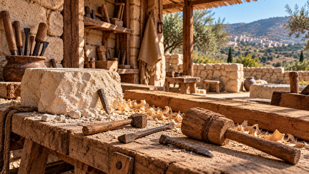 A carpenter’s workbench in an open-air stone workshop with a rough limestone block, chisels, a wooden mallet and wood shavings, with olive trees and sunlit hills beyond.