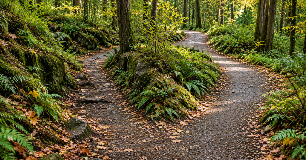 A gravel trail through a sunlit forest splits around a moss-covered rock mound thick with ferns, with fallen autumn leaves scattered along both paths. Sometimes a path diverges for a while.